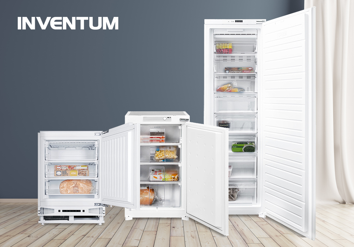 Inventum inbouw vriezers in verschillende maten met open deuren en gevulde vrieslades