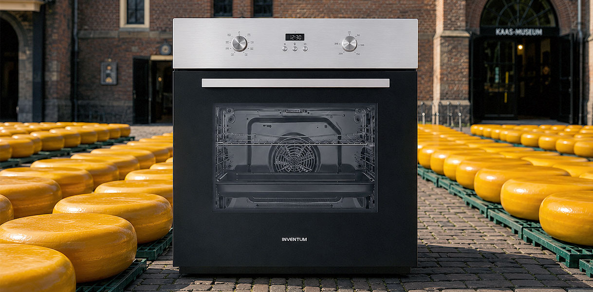 Inventum oven van het Nederlandse merk op een kaasmarkt tussen de kazen