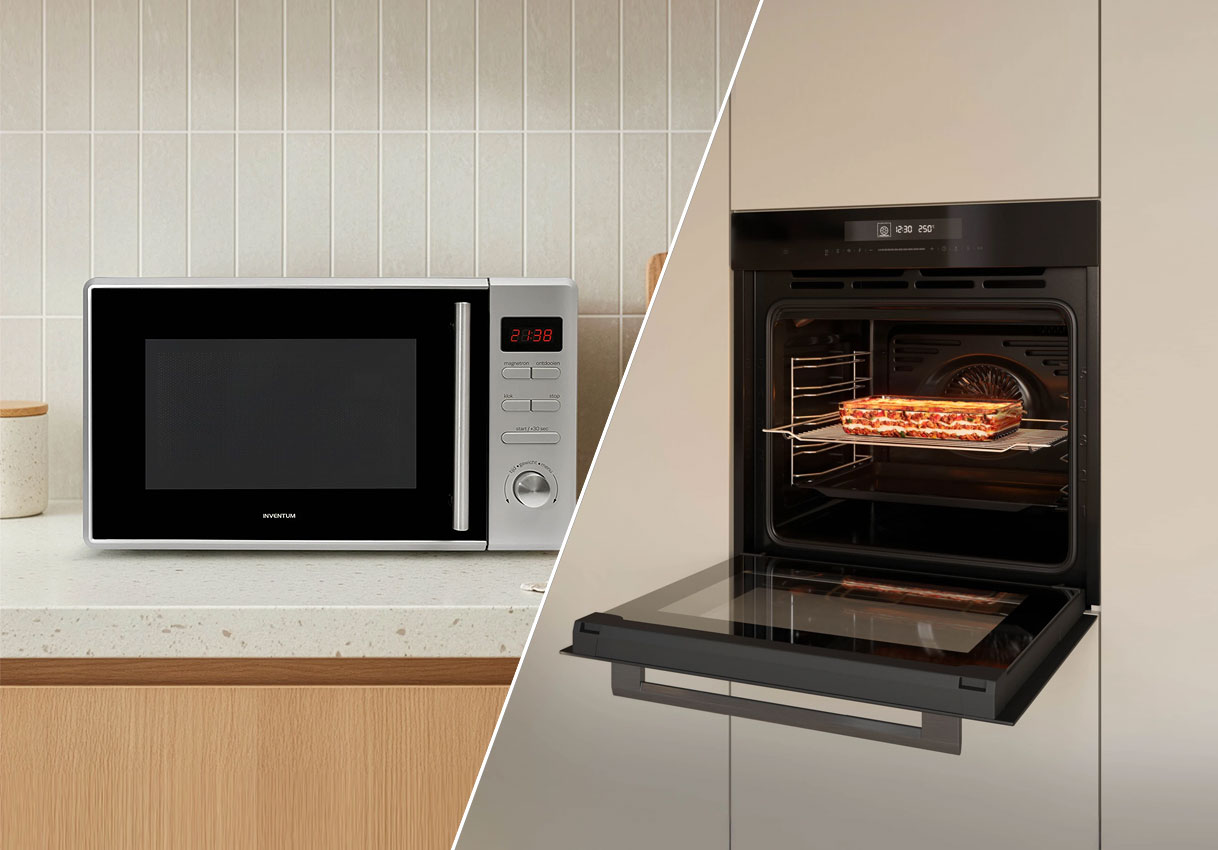 Vergelijking Inventum solo magnetron op aanrecht en combimagnetron ingebouwd met lasagne op het grilrooster