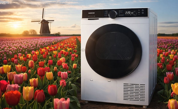 Inventum warmtepompdroger in een Nederlands tulpenveld met windmolen op de achtergrond bij zonsondergang