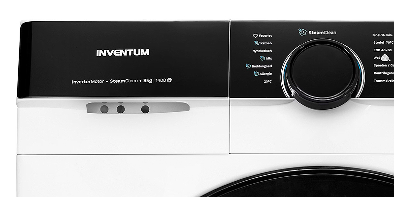 Frontpaneel van een Inventum wasmachine met programmaknop en bedieningspaneel