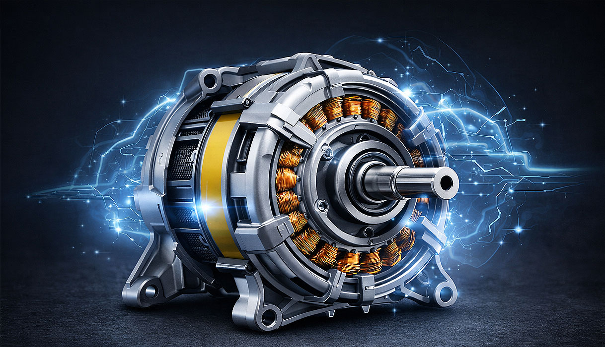 Borstelloze invertermotor met koperen wikkelingen die de stille en duurzame aandrijving van Inventum wasmachines toont