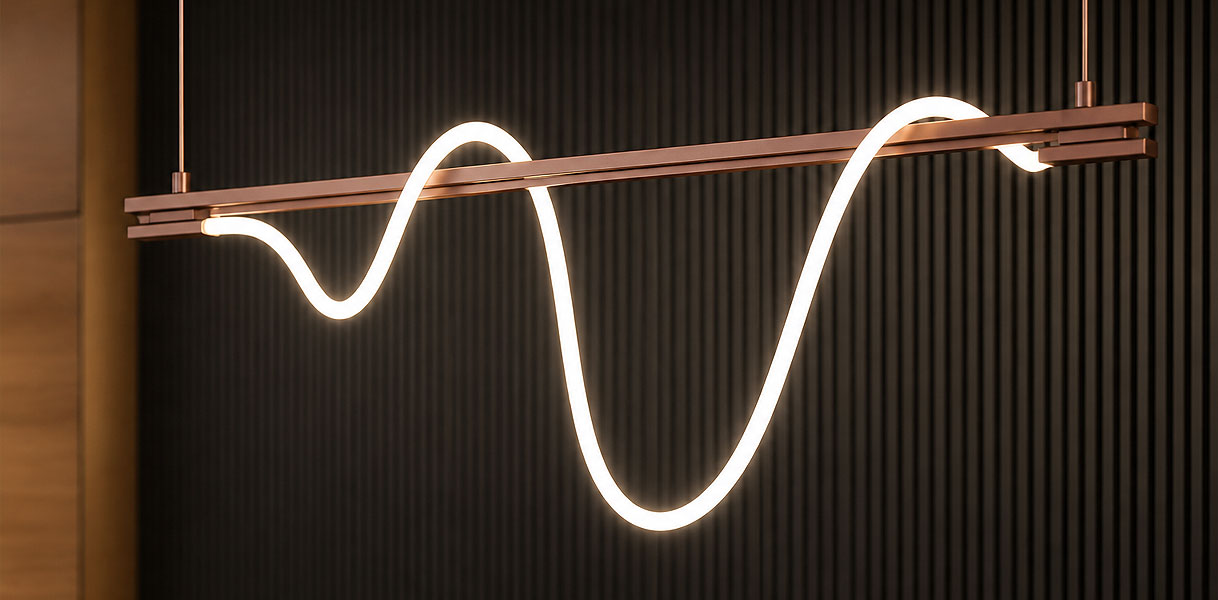 Strakke hanglamp met golvend LED lichtsnoer in koperkleurig frame tegen ribbenwand