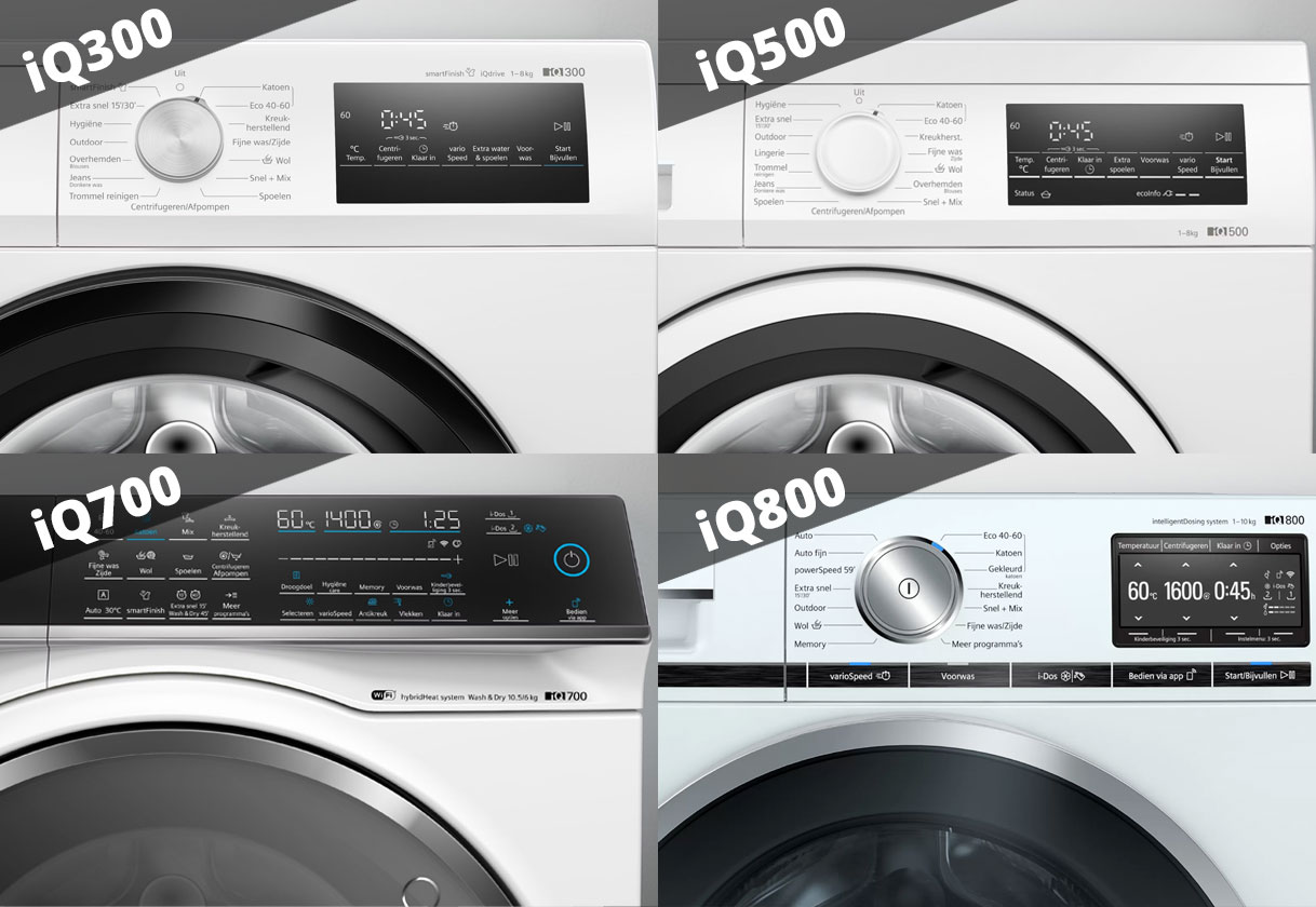 Siemens iQ-productlijnen overzicht met iQ300, iQ500, iQ700 en iQ800 wasmachines