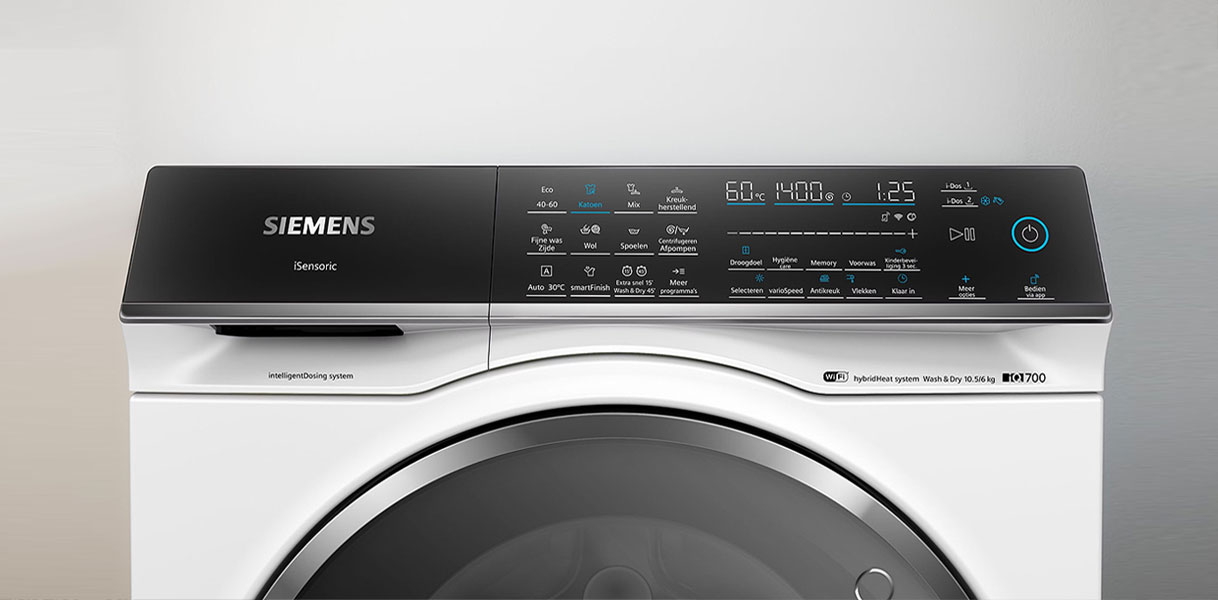 Siemens iQ700 droger bedieningspaneel met smartFinish, activeAirflow en selfCleaning Condensor technologie