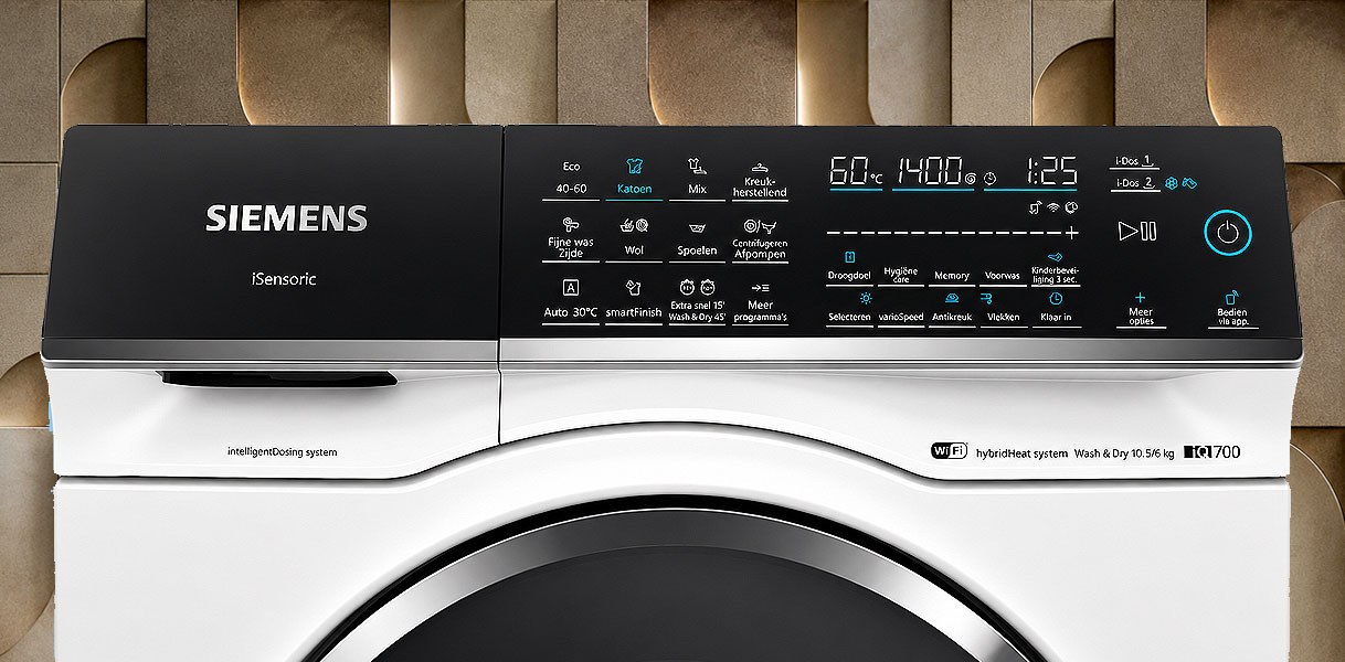 Siemens iQ700 was-droogcombinatie met bedieningspaneel voor 10,5 kg wassen en 6 kg drogen