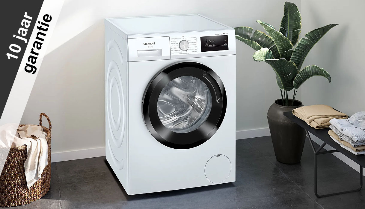 Siemens wasmachine met 10 jaar garantie badge op de iQdrive motor