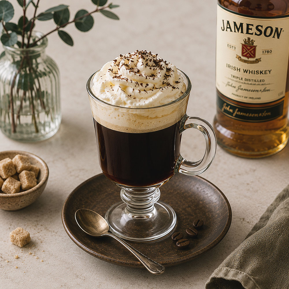 Irish coffee met whiskey en een laag room