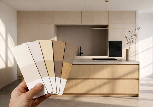 Japandi keuken met kleurstalen in beige, taupe en houttinten voor frontkleuren