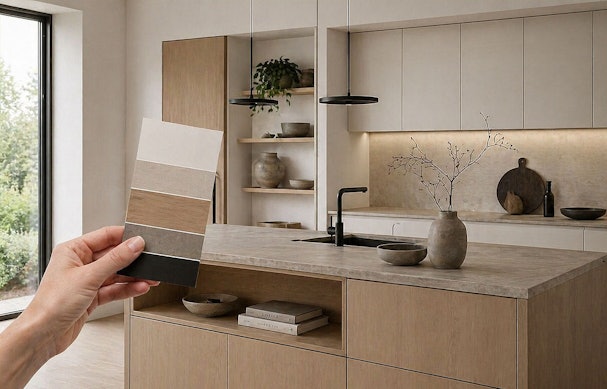 Japandi keuken met beige fronten, natuurstenen werkblad, houtaccenten en matzwarte kraan met kleurenstaal in de hand