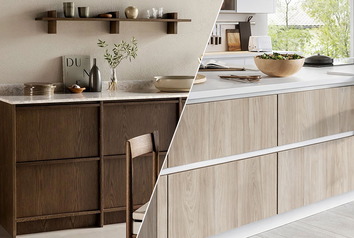 Japandi vs Scandinavische keuken met contrast tussen donker hout en licht hout fronten en minimalistisch design