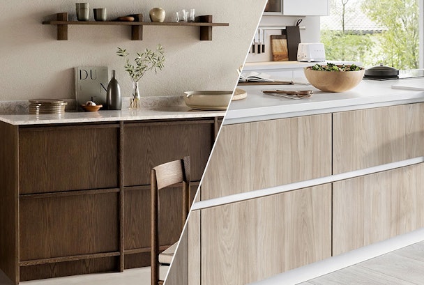 Japandi vs Scandinavische keuken met contrast tussen donker hout en licht hout fronten en minimalistisch design