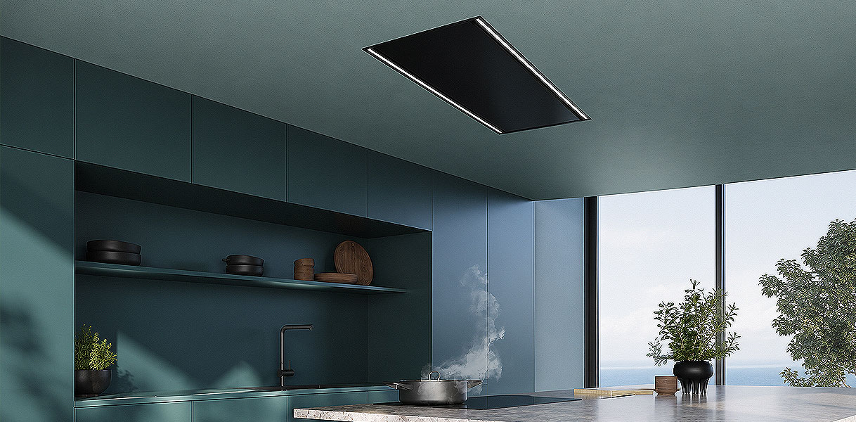 Plafond afzuigkap ingebouwd in plafond zuigt damp af van kookplaat in keuken