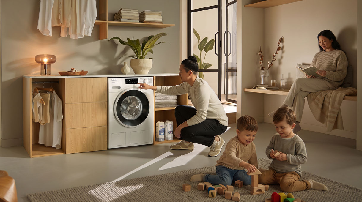 Ouder en twee kinderen bij een 9 kg wasmachine als juiste keuze voor een gezin