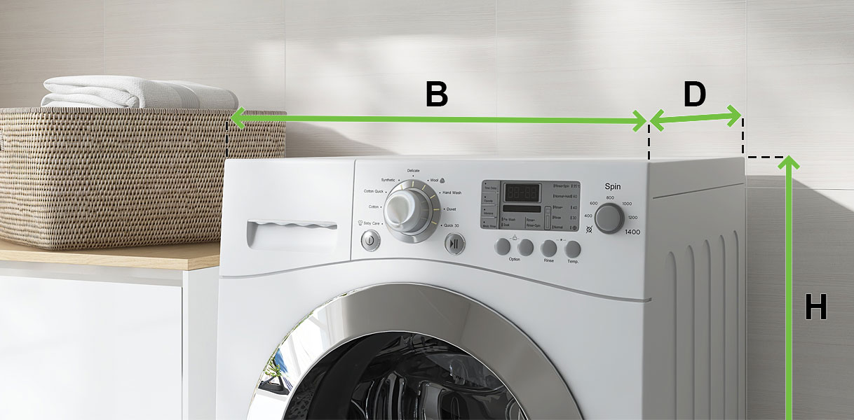Wasmachine met afmetingen: breedte (B), diepte (D) en hoogte (H) aangegeven met groene pijlen
