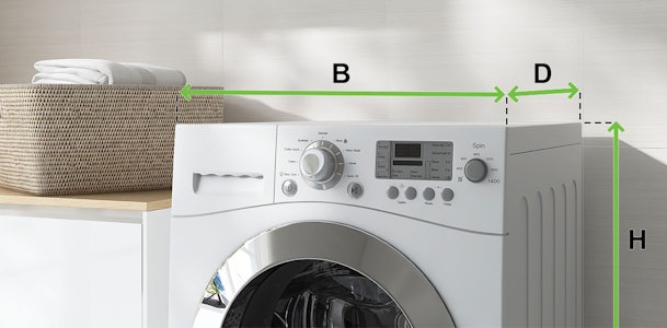 Wasmachine met afmetingen: breedte (B), diepte (D) en hoogte (H) aangegeven met groene pijlen