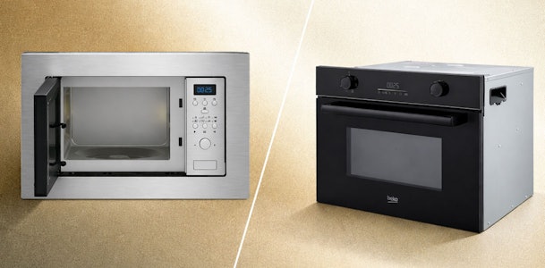Vergelijking Beko solo magnetron 38 cm nis in RVS en combimagnetron 45 cm nis in zwart naast elkaar