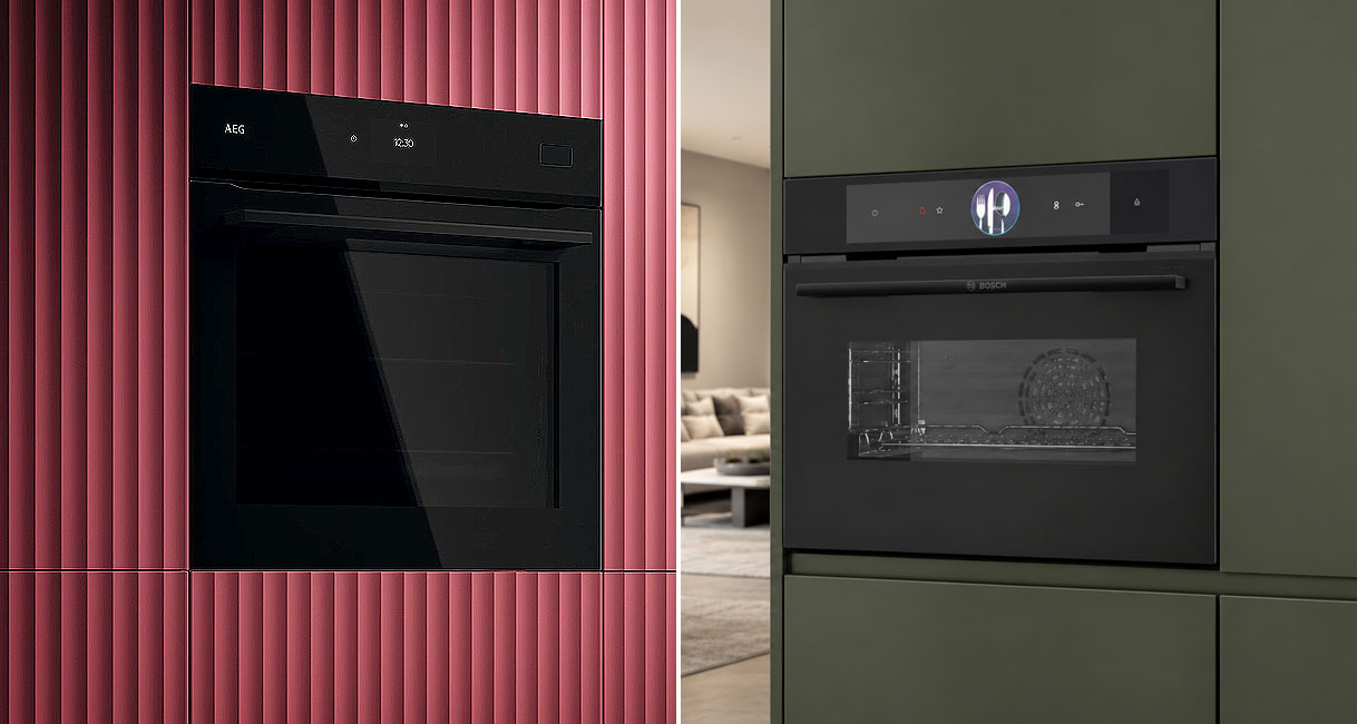 Een standaard inbouwoven naast een compacte oven ingebouwd in twee verschillende keukens