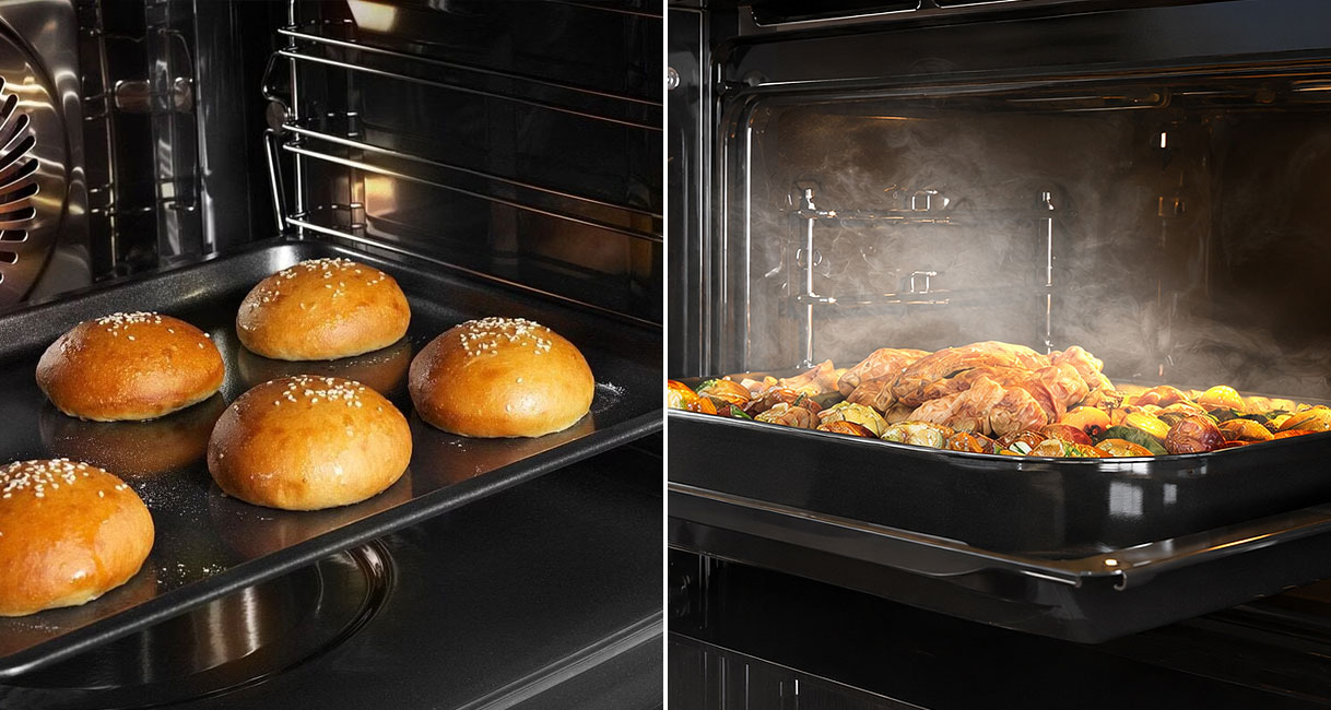 Broodjes op een bakplaat naast een braadslee met groenten en vlees in de stoom