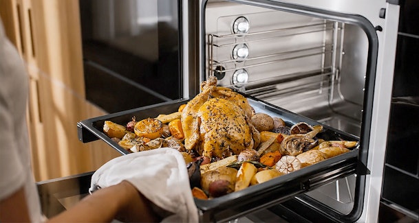 Braadslee met een hele kip en geroosterde groenten wordt uit de oven gehaald