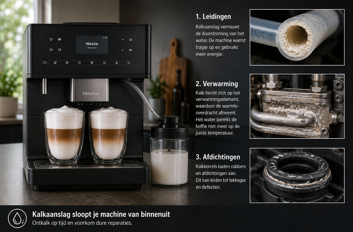 Kalkaanslag in een koffiemachine vernauwt leidingen en tast het verwarmingselement en rubberen afdichtingen aan.
