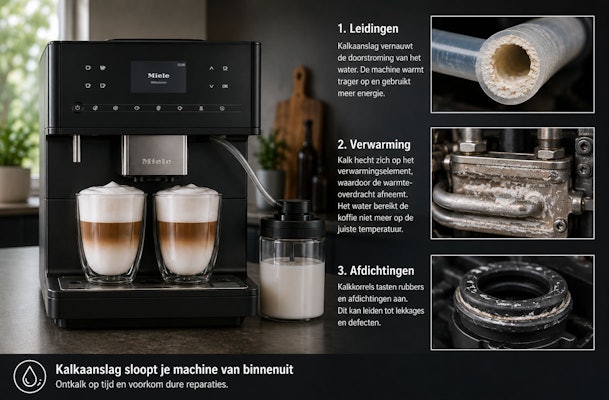 Kalkaanslag in een koffiemachine vernauwt leidingen en tast het verwarmingselement en rubberen afdichtingen aan.