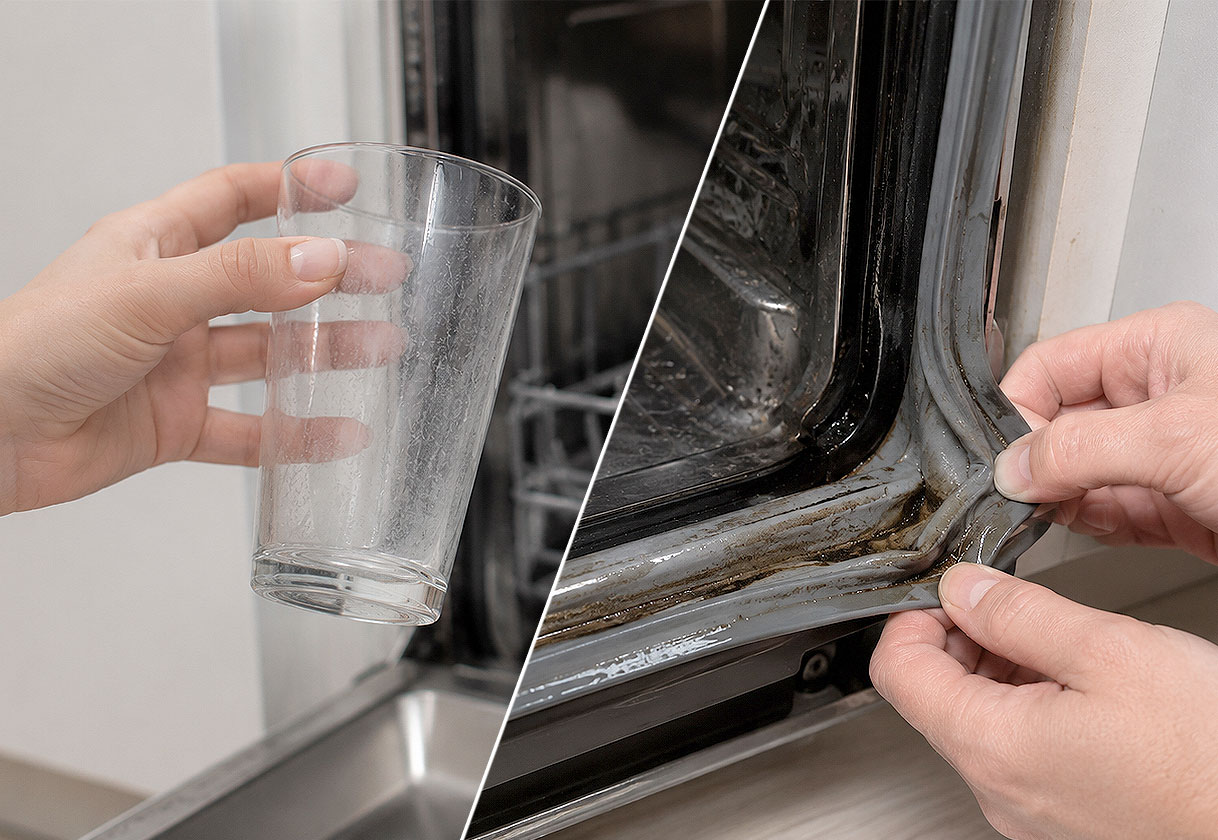Doffe sluier op een glas naast aanslag in het deurrubber van de vaatwasser