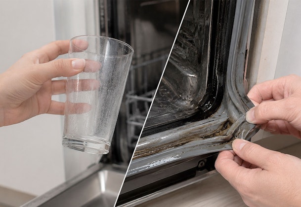 Doffe sluier op een glas naast aanslag in het deurrubber van de vaatwasser