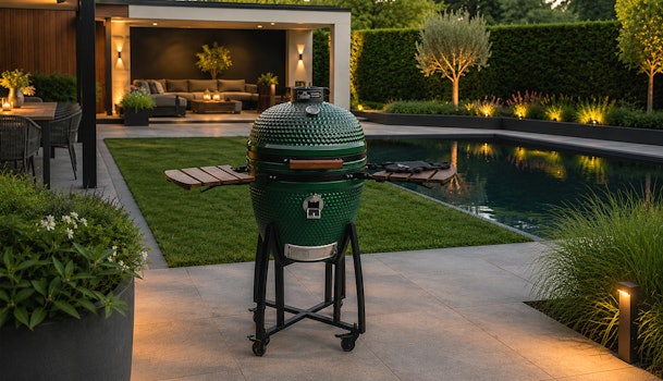 Groene kamado BBQ op een luxe terras bij een zwembad in een moderne tuin, geschikt voor grillen, roken en pizza bakken.