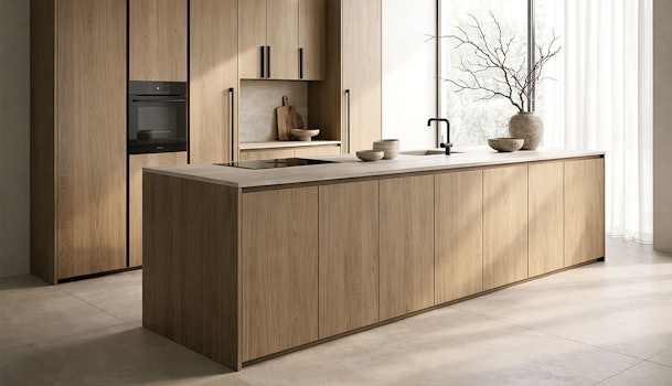 Japandi keuken met matte houten fronten, strakke lijnen en minimalistische grepen bij kookeiland en kastenwand