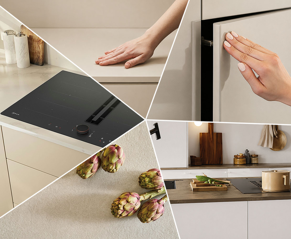Vijf details van strakke moderne keuken met greeploze fronten en inductieplaat