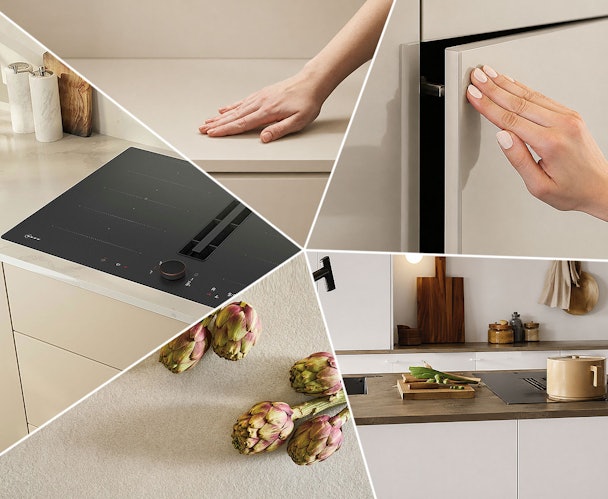 Vijf details van strakke moderne keuken met greeploze fronten en inductieplaat