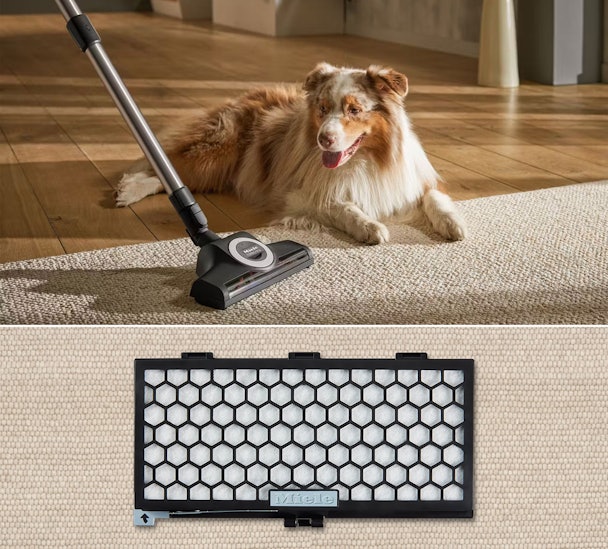 Miele stofzuiger met HEPA-filter en turboborstel naast Australian Shepherd hond op tapijt