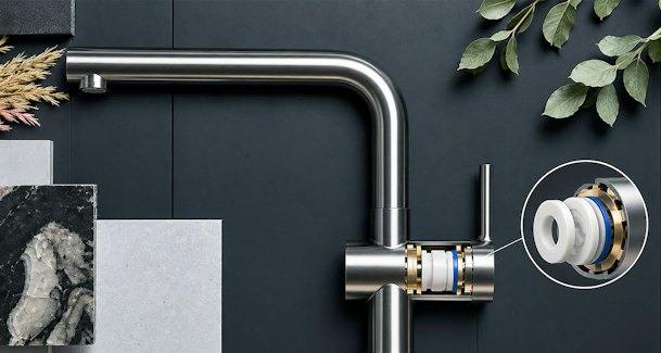 Doorsnede van rvs keukenkraan met keramisch binnenwerk en detailcirkel van de keramische schijven