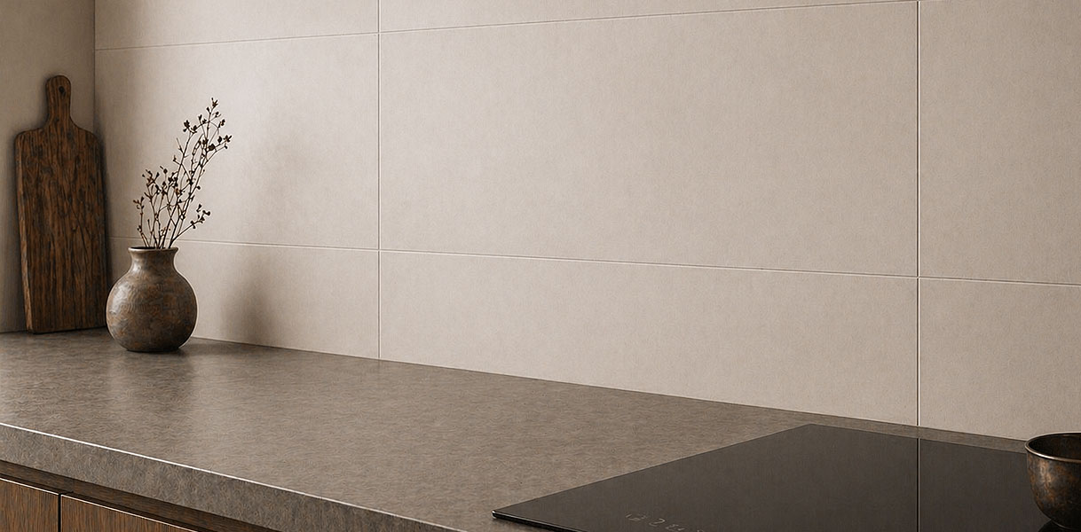 Japandi keuken met matte keramische wandtegels en donker werkblad, praktische en onderhoudsvriendelijke spatwand