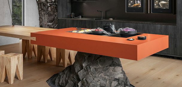 BORA Professional 3.0 met kookveldafzuiging in oranje kookeiland