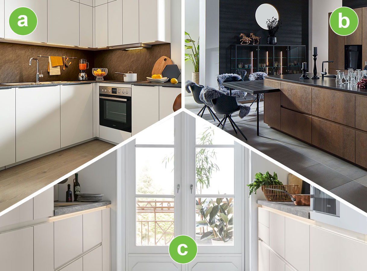 Drie keukens met verschillende kleuren en lichtinval, licht, donker en daglicht, als voorbeeld hoe kleur de ruimtelijkheid van een keuken beïnvloedt.
