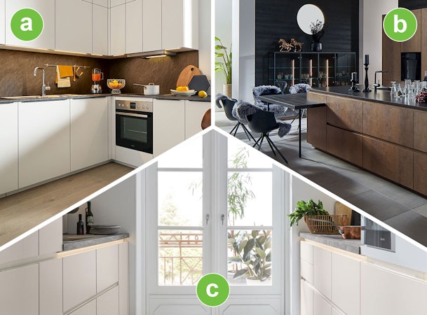 Drie keukens met verschillende kleuren en lichtinval, licht, donker en daglicht, als voorbeeld hoe kleur de ruimtelijkheid van een keuken beïnvloedt.