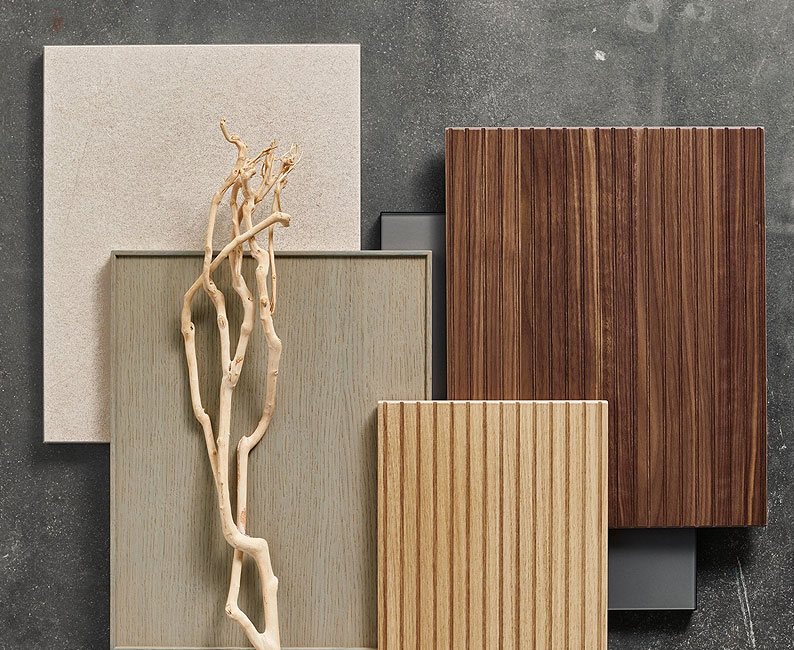 Stalen van keukenfronten met verschillende kleuren en structuren zoals hout en mat lak