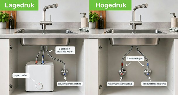 Lagedrukkraan met drie aansluitingen op een open boiler naast hogedrukmodel met twee aansluitingen onder het aanrecht