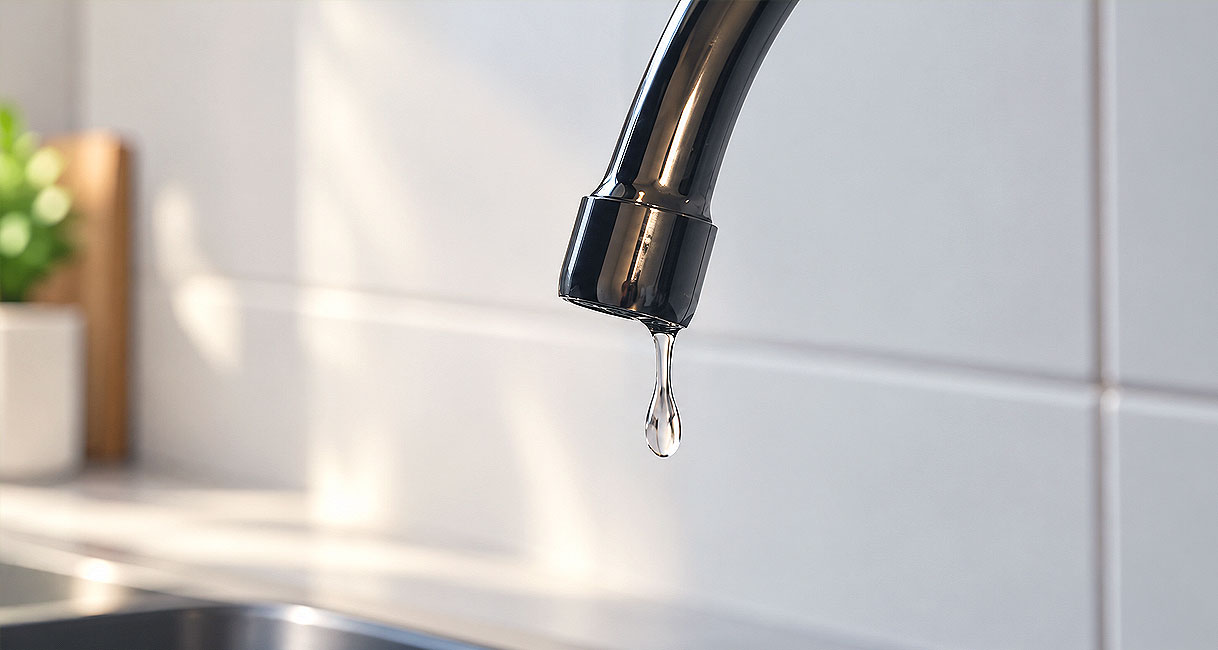 Druppel water aan de uitloop van keukenkraan die laat zien waar de lekkage begint