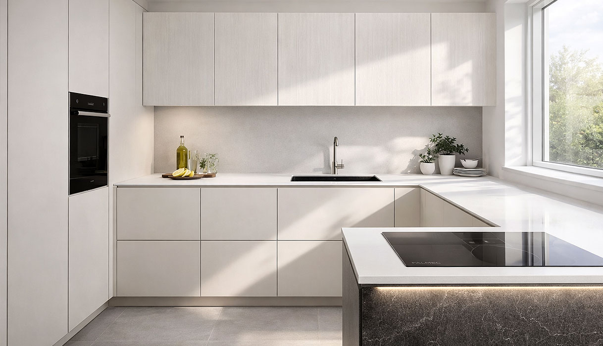 Lichte moderne keuken met witte fronten en dun werkblad, kleine keuken oogt ruimtelijk door minimalistisch design