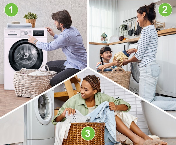 Drie wassituaties: 1) alleenstaande man bij wasmachine, 2) moeder en dochter doen samen de was, 3) vrouw met wasmand in appartement