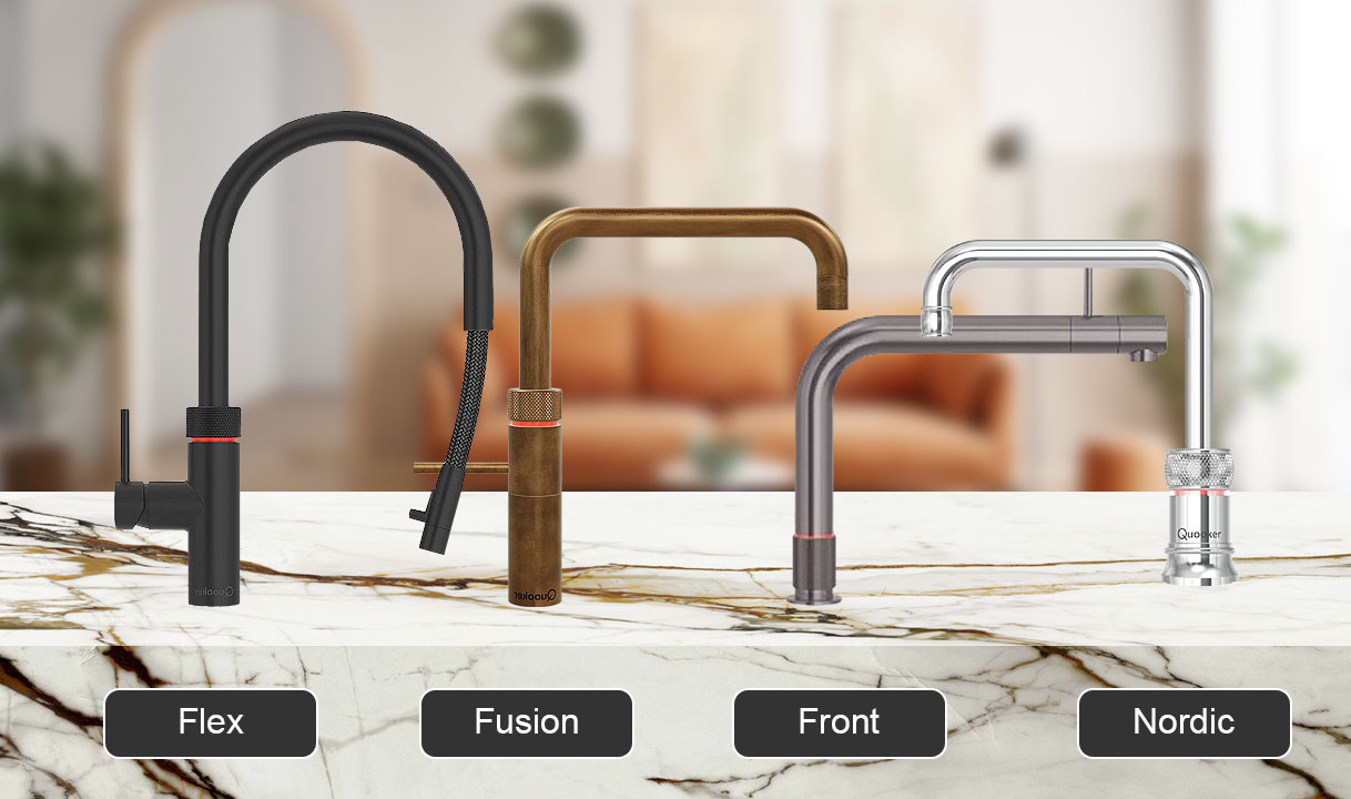 Overzicht van Quooker kranen Flex, Fusion, Front en Nordic als tweede stap bij het samenstellen van een Quooker systeem