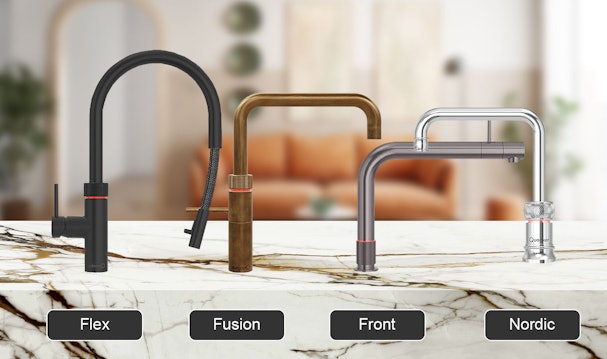 Overzicht van Quooker kranen Flex, Fusion, Front en Nordic als tweede stap bij het samenstellen van een Quooker systeem