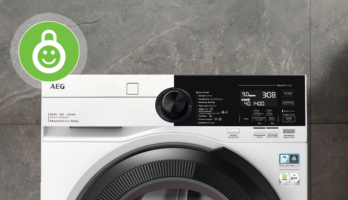 Alternatieve tekst (alt): AEG 9000 Series wasmachine met kinderslot icoon