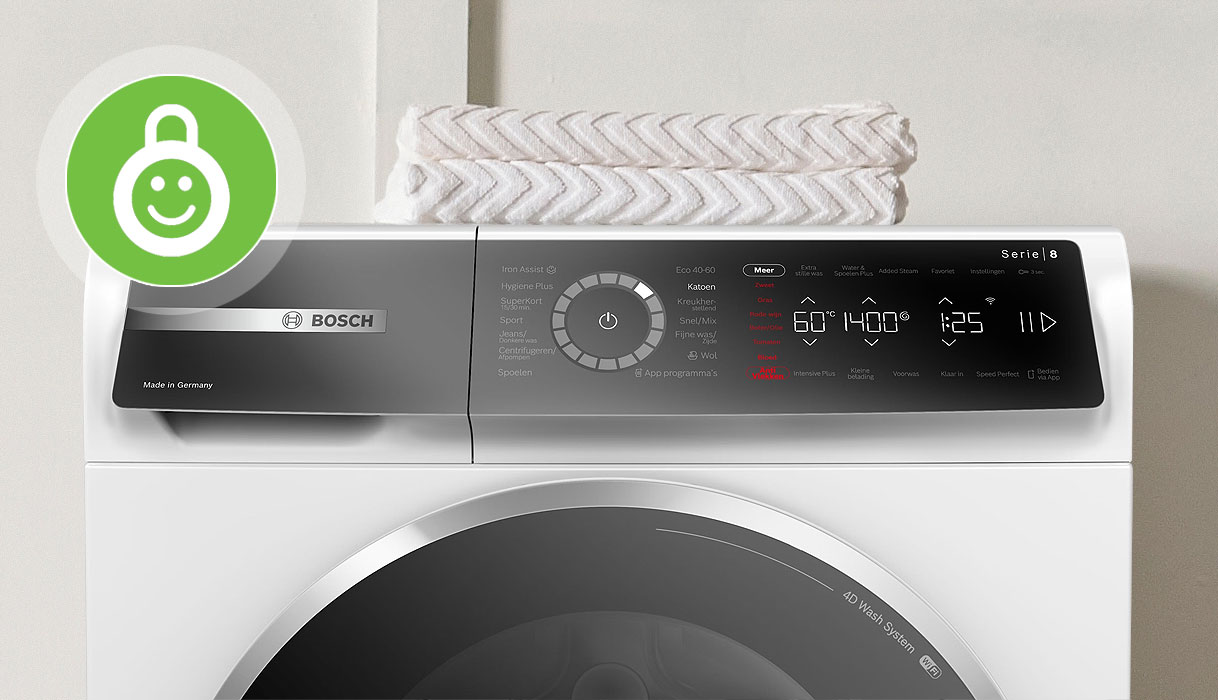 Bosch Serie 8 wasmachine met kinderslot icoon