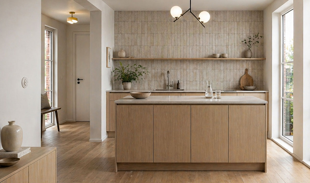 Compacte Japandi keuken met licht houten keukeneiland, Japanse tegelachterwand en minimalistische styling in een kleine ruimte
