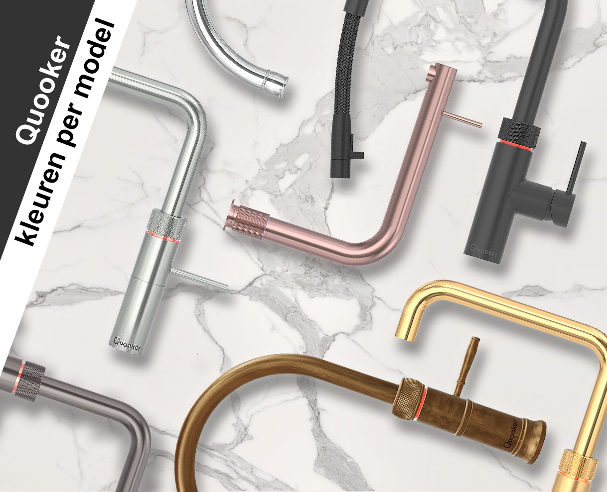 Quooker kranen in verschillende kleuren op marmeren ondergrond: Chroom, RVS, Rosé Koper, Zwart, Messing Patina en Goud