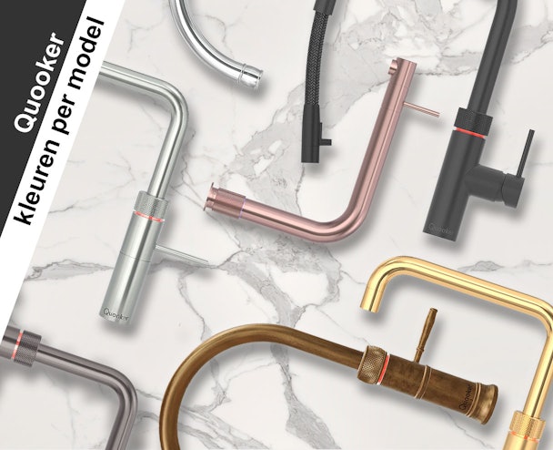 Quooker kranen in verschillende kleuren op marmeren ondergrond: Chroom, RVS, Rosé Koper, Zwart, Messing Patina en Goud